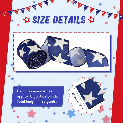 2 Rolls 20 Yard Star Blue Wired Edge Ribbon Patriotic Ribbon 2.5 Inch 4th of July Ribbon Beige Navy Blue DIY Crafts Ribbon for Party Decorations W...