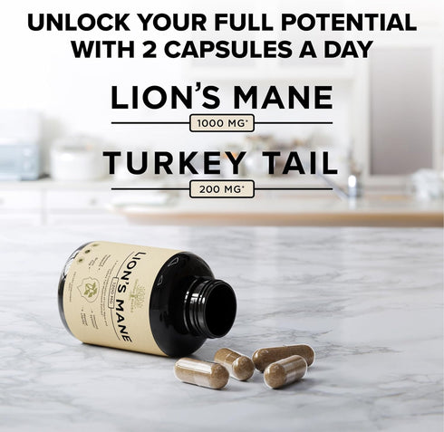 Lions Mane Supplement Capsules with Turkey Tail – Nootropic Brain Fog, Focus, Memory, Nerve Function, & Immune Support Supplement – Non-GMO 1200 M...