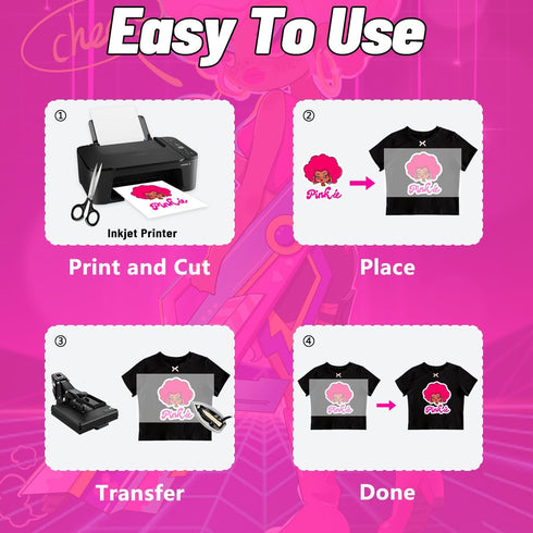 Pinkie Heat Transfer Paper for Inkjet Printer (10 Sheets,8.5x11") Printable Heat Transfer Vinyl for T-Shirts Iron On Transfers for Dark Fabrics (D...