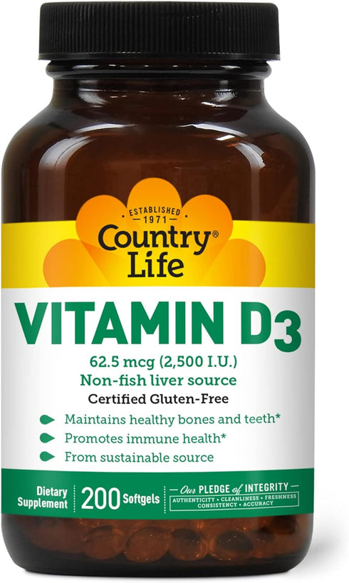 Country Life Vitamin D3 2500 IU Soft Gels, Larger, 200 sg, 200 Count...