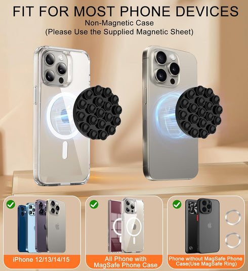 Magnetic Suction Cup Phone Mount, Suction Cup Phone Mount for Mirror Compatible with iPhone MagSafe Phone Case Silicone Suction Cup Phone Grip Hol...