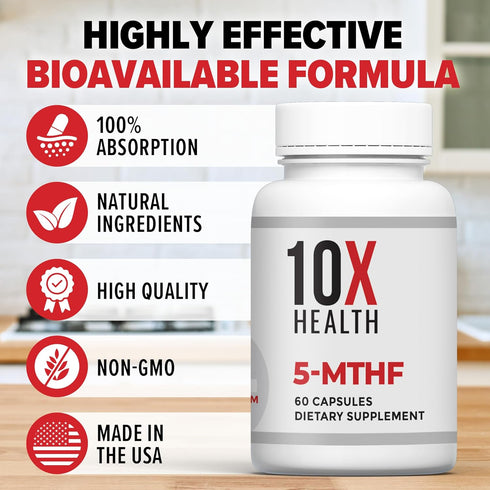 10X Health 5 MTHF Supplement - Methylated Multivitamin with Methylfolate & Magnesium for Brain, Heart Health, DNA & Neurotransmitter Synthesis - B...