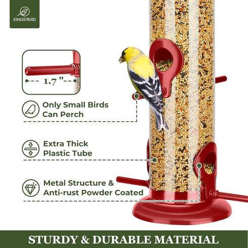 Kingsyard Metal Bird Feeders for Outdoors Hanging, Extra Thick Tube Bird Feeder w/Steel Hanger & 4-Port, 15 inch, Chew-Proof, Weather and Water Re...