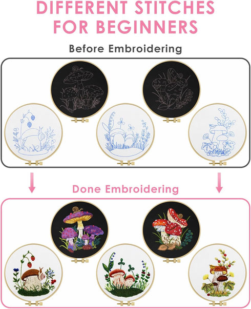 TINDTOP Embroidery Kit for Adult for Beginners, 5 Sets Mushroom Embroidery Kit for Beginners Include Embroidery Cloth Hoops Threads for Craft Love...