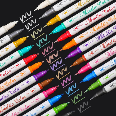 Dual Tip Metallic Marker Pens, Brush and Fine Point Pens for Black Paper, Rock Painting, Easter Egg, Halloween Pumpkin, Card Making, Metal, Cerami...