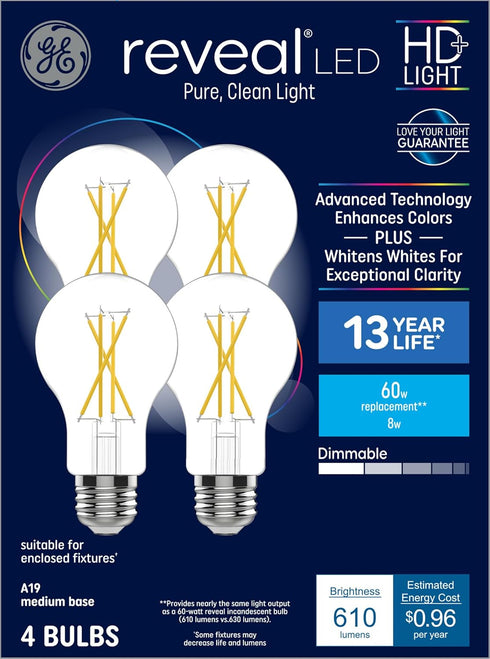GE Reveal HD+ LED Light Bulbs, 60 Watt, A19 Bulbs (4 Pack)...