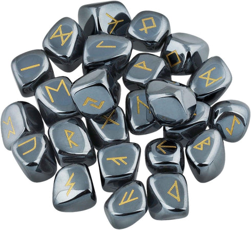 SUNYIK Natural Hematite Rune Stones Set with Engraved Elder Futhark Alphabet Lettering Polished Healing Crystal Kit...