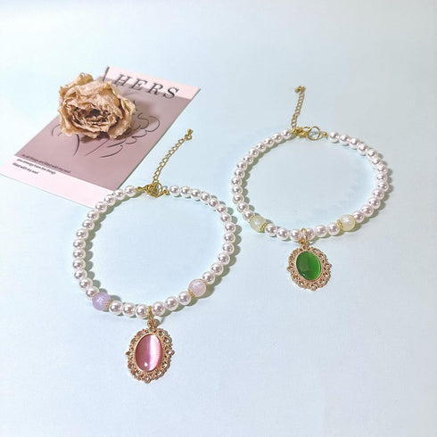 Handmade Dog Pearl Collars and Green Gem Cat Collar Set, Pet Pearl Necklace,Adjustable Dog Costume for Cats&Puppies,Cat Outfit for Pet Wedding Bir...