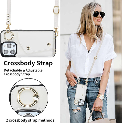 LUVI Compatible with iPhone 15 Pro Wallet Case with Card Holder Crossbody Neck Strap Lanyard Wrist Strap Purse for Women PU Leather Flip Case with...