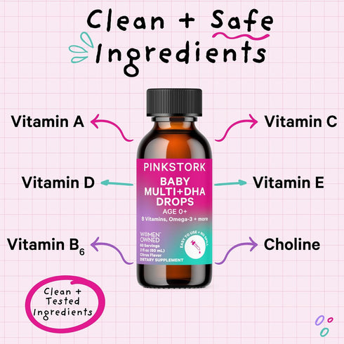 Pink Stork Baby Liquid Multivitamin Drops, Baby & Toddler Vitamin Drops with DHA, Vitamin C, D, B12 and Choline to Support Brain Health and Immune...