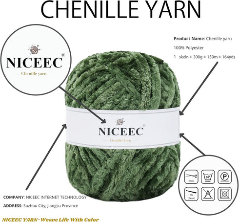 NICEEC 300g Soft Chenille Yarn Blanket Yarn Velvet Yarn for Knitting Fancy Yarn for Crochet Weaving DIY Craft Total Length 150m (164yds)_Army Gree...