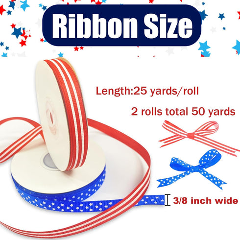 2 Rolls Patriotic Grosgrain Ribbon,Stars and Stripes Ribbon,for 4th of July,Memorial Day Gift Wrapping, Party Decoration, DIY Crafting and Sewing(...