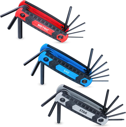 25-Piece Complete Folding Hex Key Wrench Set, Metric 1.5mm - 8mm, SAE 5/64” - 1/4”, Star T9 - T40 | Cr-V Steel, Precise and Chamfered Tips | 3 Pac...