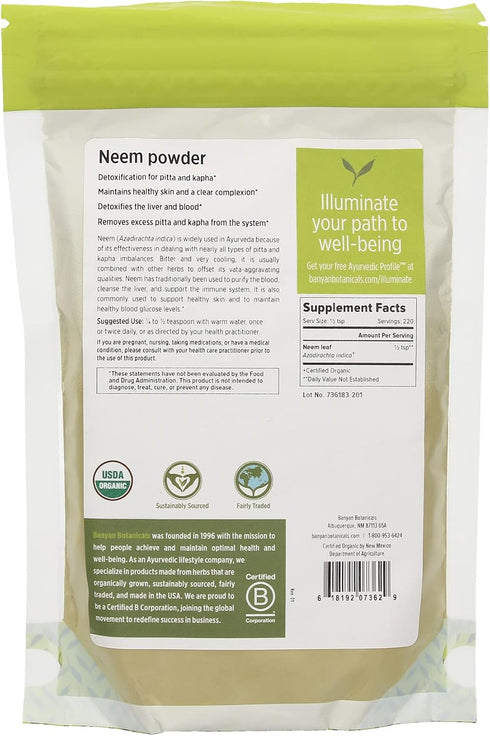 Banyan Botanicals Neem Powder - Organic Azadirachta Indica - Purifying Ayurvedic Herb for Healthy Skin & Blood* – 1/2 lb. – Fair for Life Sustaina...