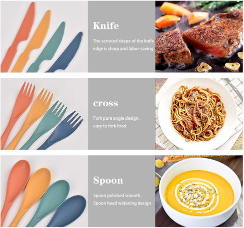 4 Sets Travel Utensils with Case - Cute Rabbit Pattern, Wheat Straw Reusable Utensils Set with Case Portable Utensils Set with Case for Travel Pic...