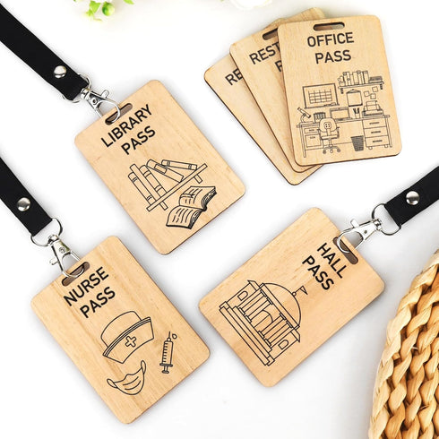 6 Pieces Hall Pass Lanyards and School Passes Set, Wooden Passes for School, Classrooms Hall, Library, Restroom, Office, Nurse, Teacher Supplies...