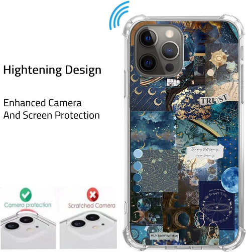 Aesthetic Celestial Sun and Moon Collage Case for iPhone 14 Pro Max, Cool Dark Blue Collage Case Compatible with iPhone 14 Pro Max for Girls Boys ...