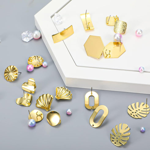 Hicarer 36 Pcs/ 18 Pairs Gold Plated Earring Studs for Jewelry Making Earring Posts with Loop Hole Ear Studs Kit Palm Leaf Shaped Flower Shell Ear...