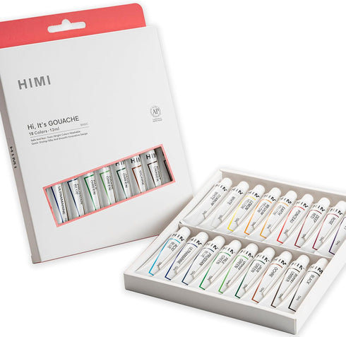HIMI Gouache Paint Tube Set -18 Colors 12ml, with Rich Pigments, Gouache paint Non-Toxic, suitable for Beginners, Artists, and Hobby Painters. Bea...