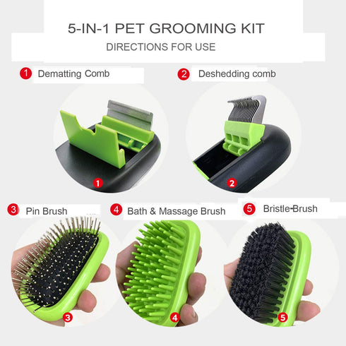5 in 1 Pet Grooming Kit Dog Brush & Cat Brush Set 2 Sided Detachable Dematting Deshedding Comb for Stubborn Mats & Tangles,Hair Removing,Bath&Mass...
