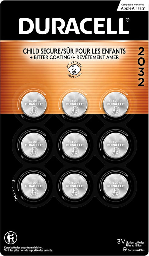 Duracell 2032 Lithium Battery. 9 Count Pack. Child Safety Features. Compatible with Apple AirTag, Key Fob, and other devices. CR2032 Lithium 3V Ce...