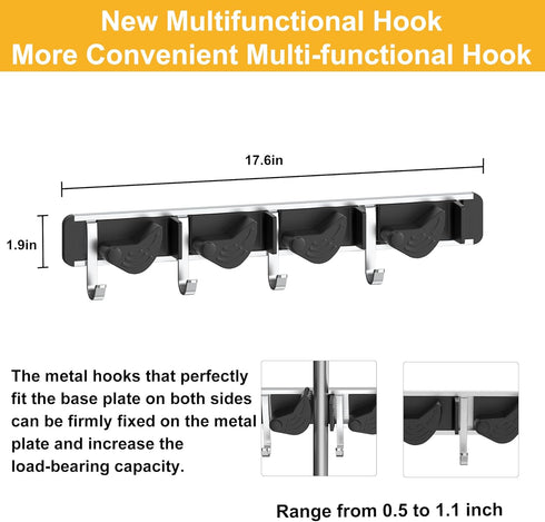 Wall-Mounted Mop and Broom Holder, 4 Positions with 4 Removable Metal Hooks, Kitchen and Garden Tool Organizer, Pantry Storage Hanger for Home Ess...