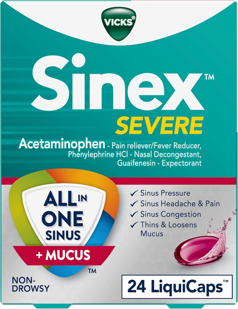 Vicks Sinex SEVERE, All-In-One Sinus + Mucus Relief, Non-Drowsy, Loosens Mucus, Maximum Strength Relief of Pain, Pressure, Congestion, & Headache ...