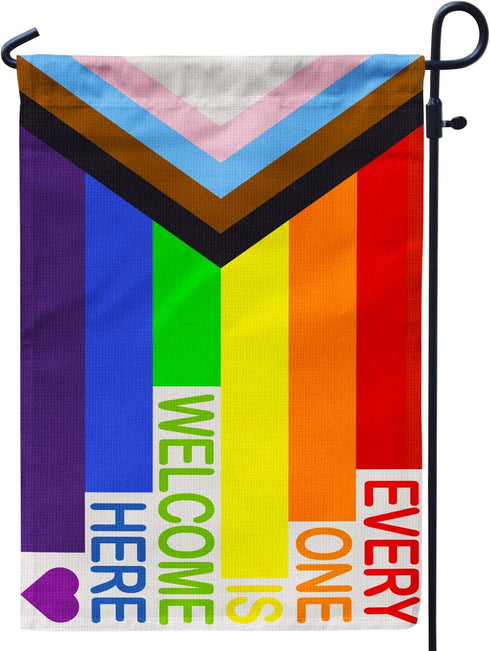 Pride Progress Garden Flag, Everyone is Welcome Here Small Yard LGBTQ Rainbow Garden Flag for Pride Month Outside Outdoor Hanging Decorations 12x1...