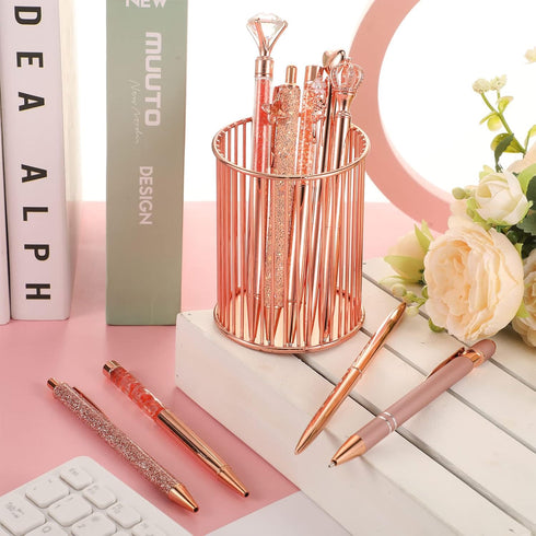 9 Pcs Rose Gold Ballpoint Pens Set with Metal Crystal Diamond Design for Women - Fancy Pens for Journaling, Writing, Gifts...