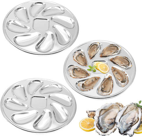 3 Pack Oyster Plate, Stainless Steel 8 Slots Oyster Grill Pan with Center Slot Multi-Functional Grill Pan for Oysters and Scallop, Sauce and Lemon...