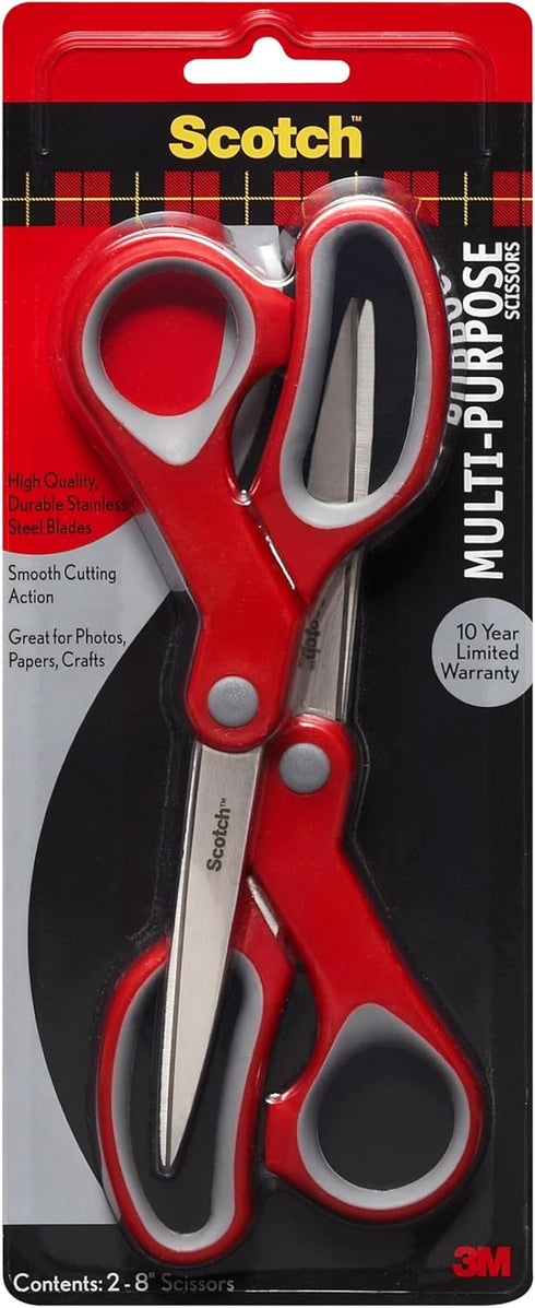 Scotch Multi-Purpose Stainless Steel All-Purpose 2 Pairs of Scissors, 8 Inches, Red & Gray, Great for home, school and office...