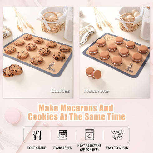 Silicone Baking Mat Macaron - Set of 3 (2 Half Sheet Liners and 1 Quarter Sheet), Non Stick Silicon Cookie Oven Liner For Macaroons, Bake Pans, Pi...