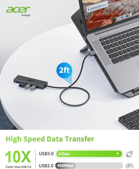 Acer USB Hub 4 Ports, Multiple USB 3.0 Hub, USB A Splitter for Laptop with USB C Power Port, USB Extender for A Port Laptop, Windows, Linux, Acer ...