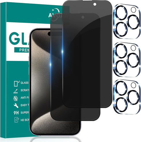 [2+2 Pack Privacy Screen Protector for iPhone 15 Pro with Camera Lens Protector, 6.1 Inch Tempered Full Screen Glass Accessories, Anti-Spy, Bubble...