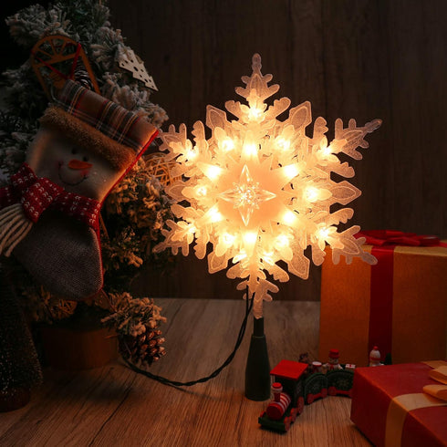Brizled Christmas Snowflake Tree Topper, 9.25in Lighted Christmas Treetop with 20 Warm White Lights, 120V UL Certified Plug in Christmas Tree Top ...