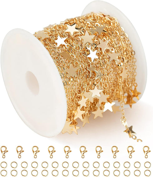 YOUBEIYEE 16.4 Feet Star Link Chain for Jewelry Making Women Necklace Chain Roll, Gold Plated Cable Chains Bulk with Jump Rings and Lobster Clasps...
