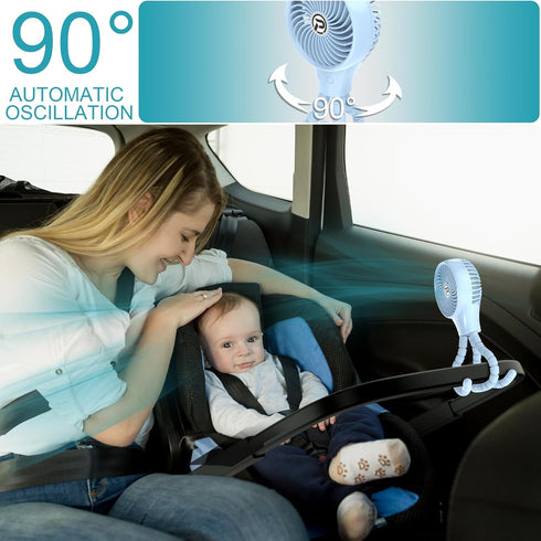 Portable Stroller Fan, Rechargeable Battery Powered Oscillating Fan, Baby Fan with 3 Powerful & Quiet Speeds, 90° Oscillation, Flexible Tripod for...