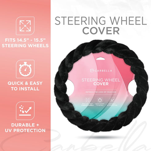 Twisted Fur Black Soft Steering Wheel Cover, Standard 15 Inch Size Fits Most Vehicles, Fuzzy Fluffy Car Steering Cover with Soft Faux Fur Touch, C...
