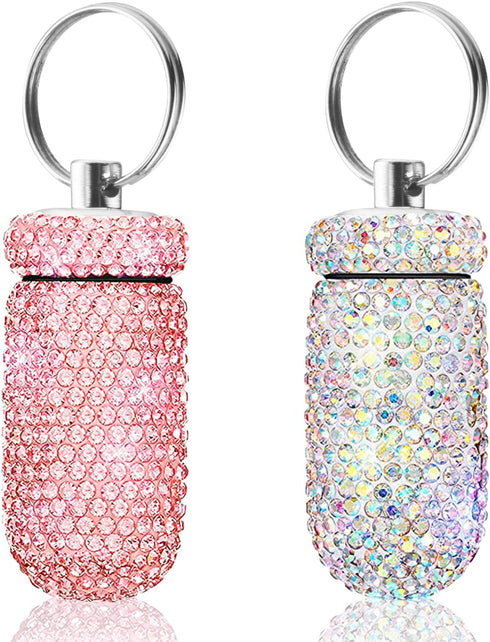 2 Pack Portable Pill Case Bling Rhinestone Pill Container Box Waterproof Medication Holder Organizer Bottle with Keychain for Outdoor Camping Trav...
