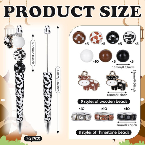 Whaline 110Pcs Cow Beadable Pens Black and Brown Cow Print DIY Pens with 30Pcs Spacer Beads 40Pcs Wooden Beads 10Pcs Cow Pendant for Student Offic...
