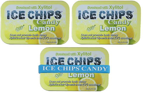 ICE CHIPS Xylitol Candy Tins 5.28 oz total (Lemon, 3 Pack) - Includes BAND as shown...
