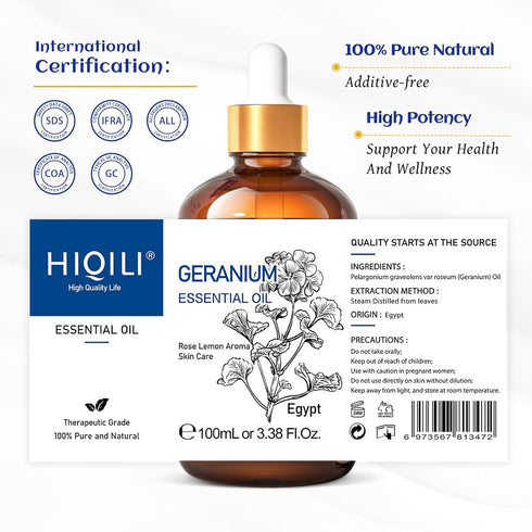 HIQILI 100ML Geranium Essential Oil for Skin, Diffuser & Candle, 100% Pure and Natural - 3.38 Fl. Oz...