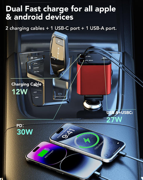 HATALKIN Retractable Car Charger 4 in 1, 69W Fast Car Phone Charger, 2 Retractable Cables and USB C Car Charger, Car Charger Adapter for iPhone 16...