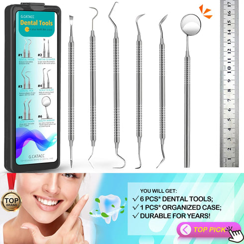 Dental Tools, Dental Pick, Dental Hygiene Kit, Stainless Steel Dental Teeth Cleaning Tools Kit with Tooth Scraper Plaque Tartar Remover, Metal Pla...