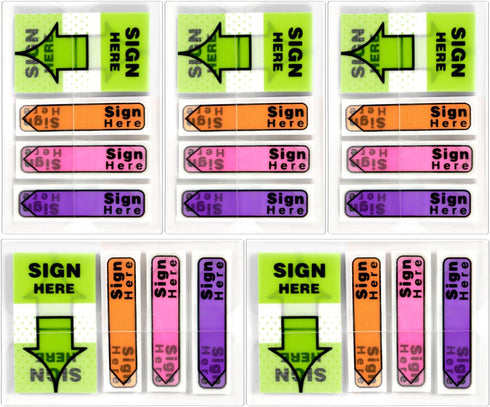 500pcs/5 Pack Sign Here Tabs Post It Flags, Fluorescent Sign Here Arrow Stickers/Labels with Dispenser Sticky Note Signature Flag Page Index Marke...