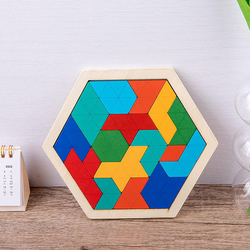 Wooden Blocks Puzzle Brain Teasers Toy Large Wooden Hexagon Puzzle for Kids Adults Tangram Brain Teaser Puzzles Geometry Logic IQ Games STEM Monte...