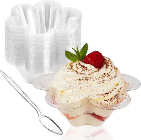 50ct 8oz Clear Plastic Dessert Cups with Spoons, Disposable Flower Shaped Ice Cream Bowls, Party Sundae Serving Bowls for Ice Cream, Nuts and Sala...