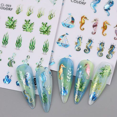 Sea Animals Nail Art Adhesive Sticker 3D Self-Adhesive Nail Decals Art Design Holographic Shell fish Jellyfish Nail Art Sticker Decoration for Wom...