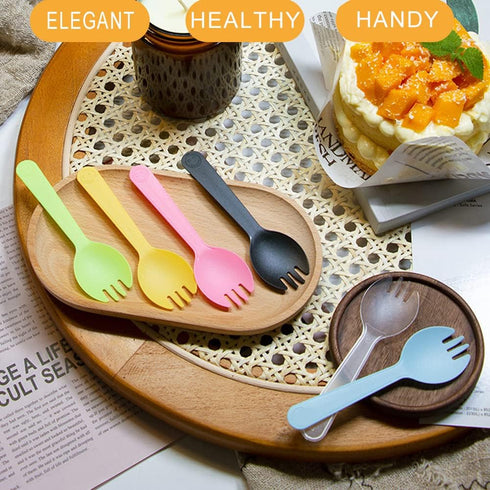 4.3" Mini Disposable Sporks 100ct, Plastic Spork 2-in-1 Utensils, 4 Colors, 25ct Individual Package Per Color - Made by Mavere...