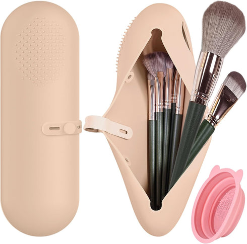 Silicone Makeup Bag, Makeup Brush Holder Travel Case, Cosmetic Brush Bag with Anti-Fall Out Strap, Portable Brushes Organizer for Women, Include B...